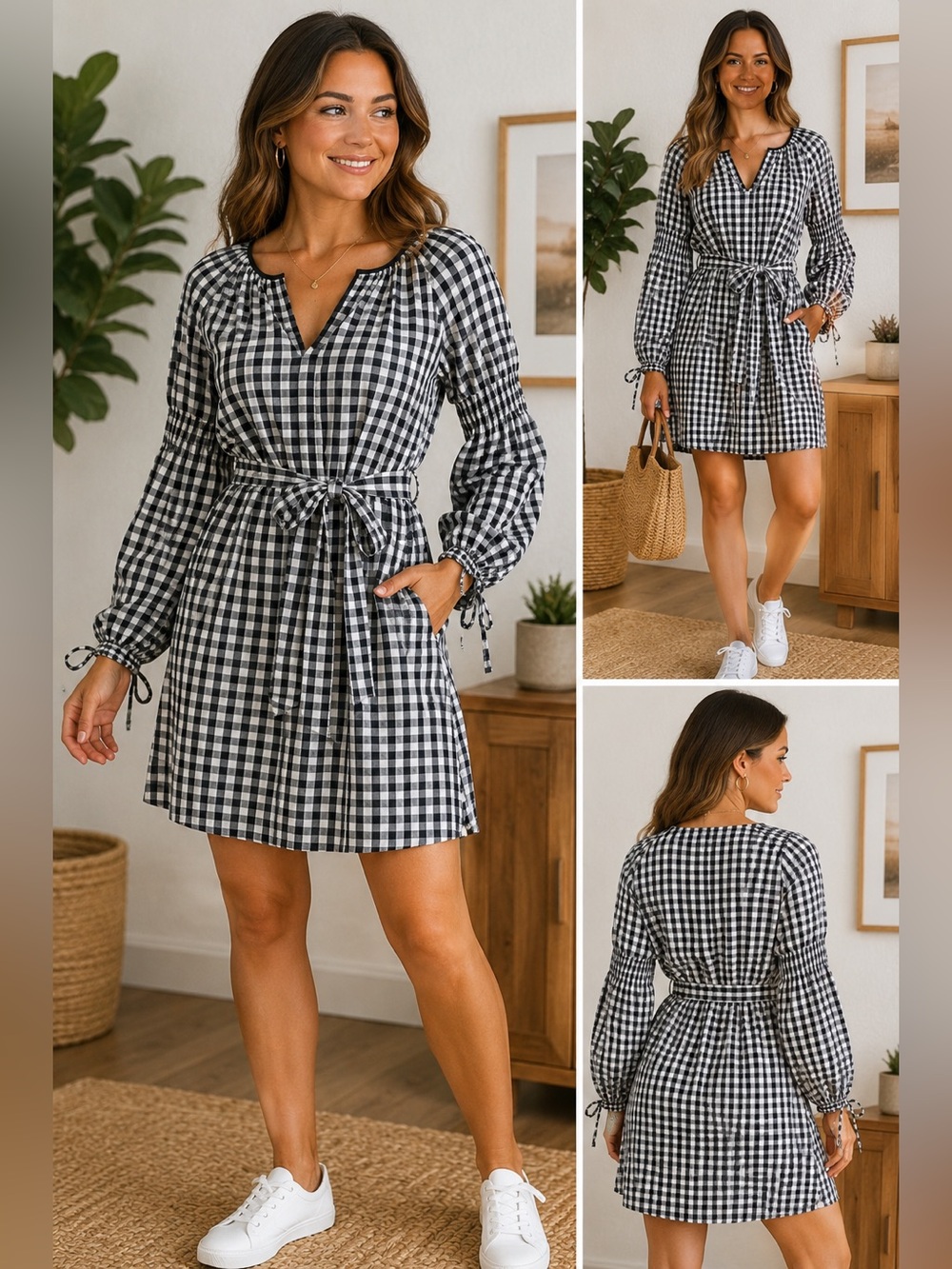 Cotton Bleu Black & White Gingham Checkered Tie Waist Mini Dress Size M